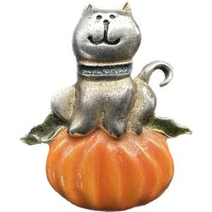 Vtg 1990s TC Brooch Pin Kitty Cat Pumpkin Halloween Fall Harvest‎